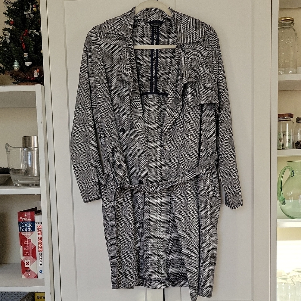 Topshop Navy/white Herringbone Trench Coat Sz 6